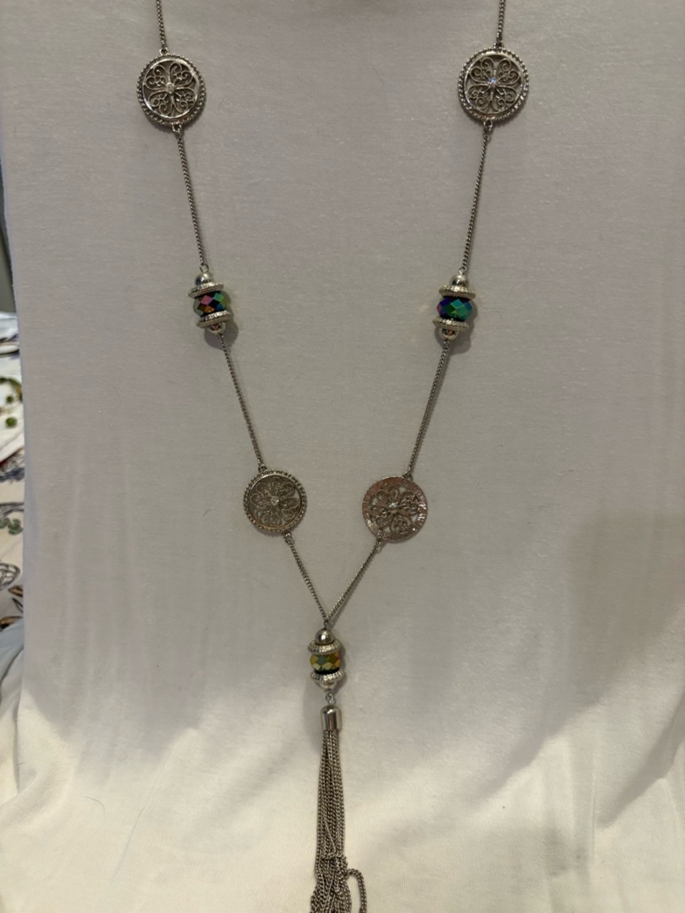 Silver-Tone Filigree Tassel Necklace with Multicolor Accents